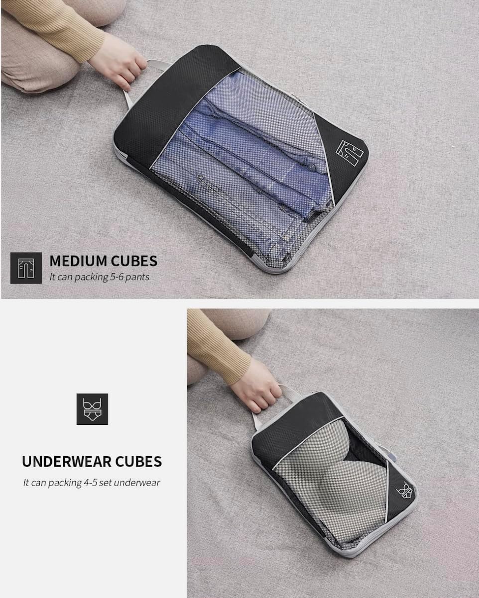 Travel packing cube set of 6 compression packing cubes, large lightweight nylon material upgrade your travel packing with BAWGBAGS Space-Saving, durable, and organized cubes. (Black)