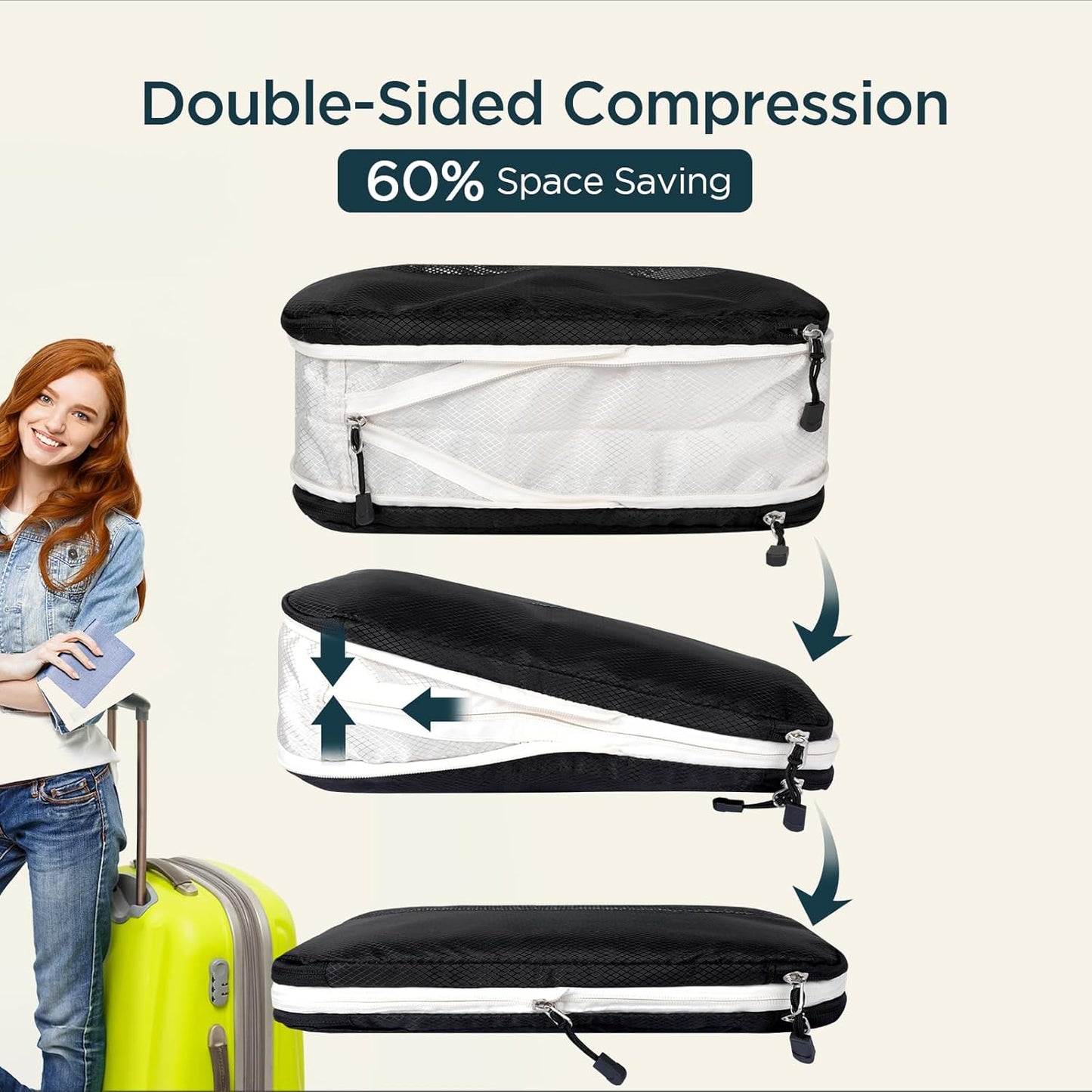 Cozary Set of 4 Double Sided Compression Bags, 3 Compression Cubes 1 Shoe Bag, Compression Packing Cubes Organizer Space-Saving Suitcase for Travel, Hiking and Cruises