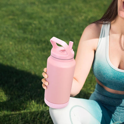 Luxgola 64 oz Insulated Water Bottle with Flip Straw Lid and Top Handle, Half Gallon Stainless Steel Vacuum Tumbler, Keeps Drinks Cold/Hot, Wide Mouth, Leak Proof, BPA-Free, Non-Slip Base - Pink