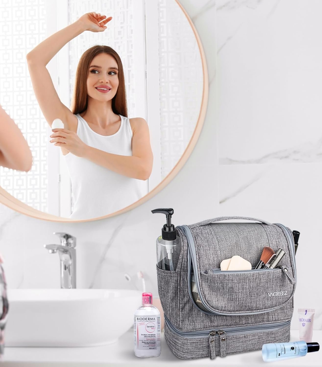 Hanging Toiletry Bag for Women, Large Travel Make up Bag with Metal Hook & Dry/Wet Separation, Waterproof Cosmetic Organizer for Travel Accessories, Cruise Essentials, Gym, Camping (Grey)