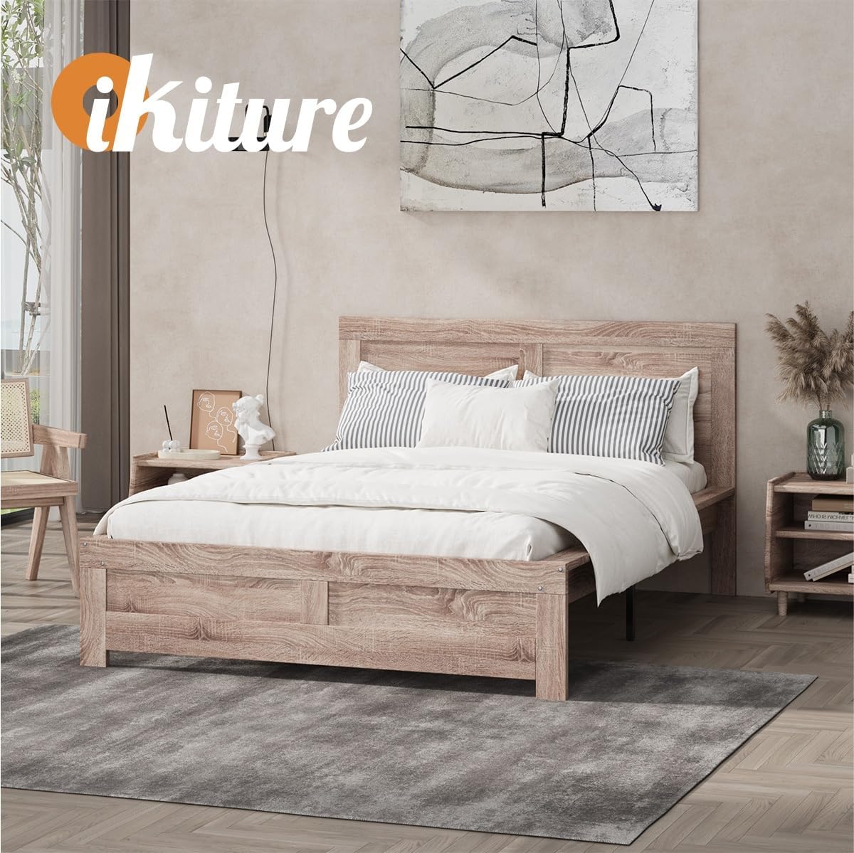 OIKITURE Wooden Bed Frame Queen Size Beds Platform, Bed Frame Platform with High Bed Leg, Compatible with Australian-Sized Mattresses, 210X173X100cm