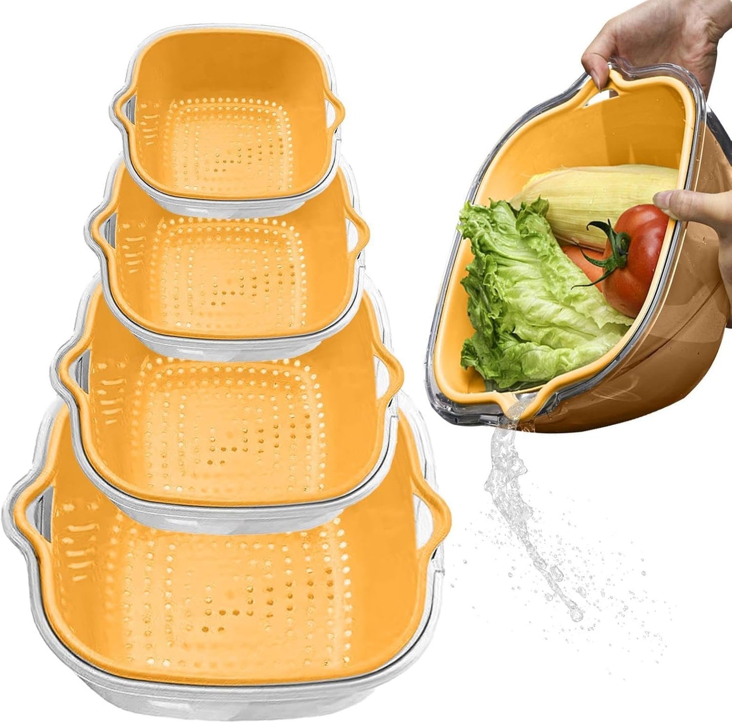 2 Tier Food Washing Colander, Fruit and Veggie Washer Colander, Multifunctional Kitchen Strainer Tool, Thickened Food Prep Salad Washing Tool for Kitchen (Beige, Yellow, Green)