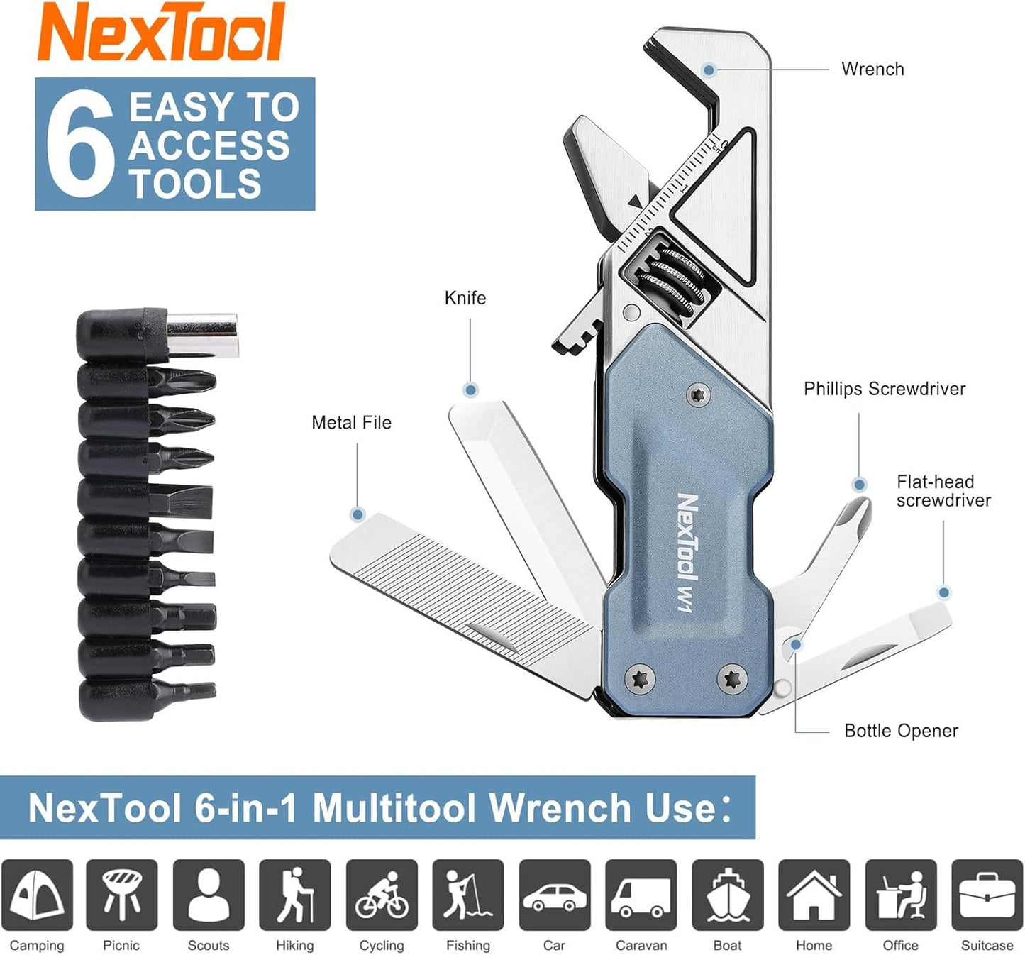 NexTool EDC Multi Tool, 6 in 1 Wrench Multitool with Knife, Flat/Phillips Screwdriver and Bottle Opener, Bike Multitool with 9 in 1 Bits Set and Nylon Pouch for Cycling Maintenancen, Household Repairs