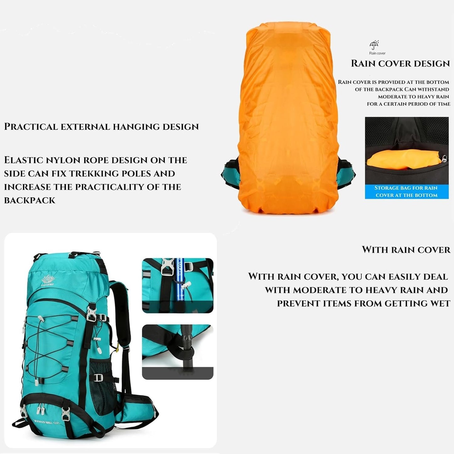 XCJump 60L Hiking Backpack Water Resistant Outdoor Sports Travel Daypack Bag Lightweight Bag With Rain CoverFor Women Men Mountaineering Camping Tourism