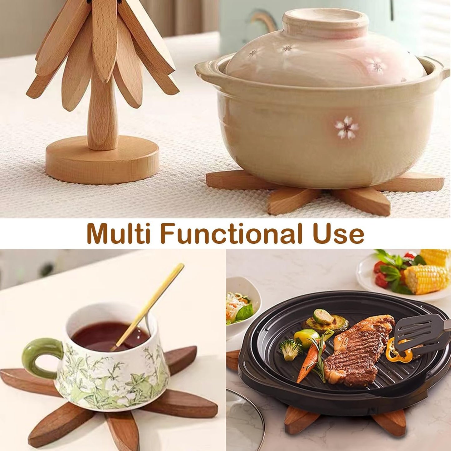 ROXANEPIG Wooden Trivets for Hot Dishes, 4pcs Tree Trivets +1 Stand, Wooden placemat Coaster, Tree Design hot Pot mat, Heat Resistant Folding mat for teapot, pan, Bowl (Black Walnut)