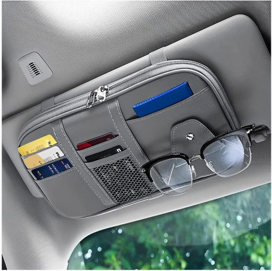 Car Sun Visor Organizer, Sunglass Holder and Storage Pocket, Card Cash Pouch with Multi-Pocket Net Zipper, Case Bag for License Pen Key, Auto Interior Accessories for Truck, SUV, Van (Gray)