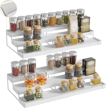 2 Pack Expandable Spice Rack Organizer for Cabinet - 3 Tier Adjustable Cabinet Spice Organizer Easy Visibility - Spice Organizer for Cabinet Countertop Cupboard Pantry Organization (White)