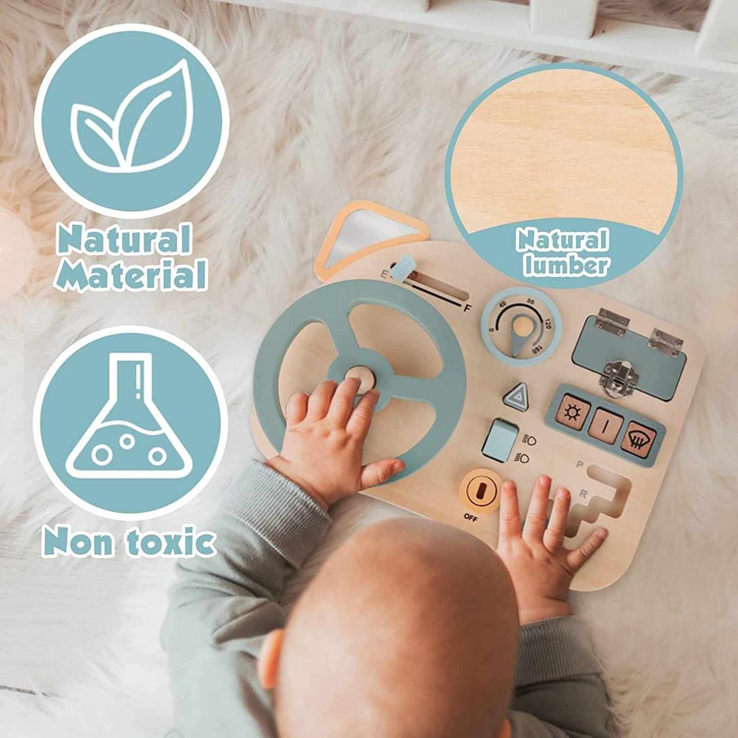 Vanplay Montessori Busy Board Steering Wheel - Wooden Sensory Toys for Toddler 1-2 Year Old Preschool Learning Activities for Fine Motor Skills Toddler Travel Toys for 1 2 3 4 5