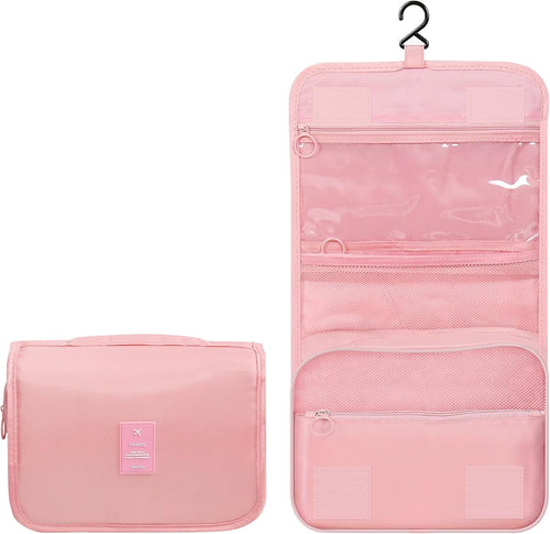 Luxtude Travel Toiletry Bag with Hanging Hook, Makeup Cosmetic Bag Travel Organizer for Hygiene Accessories, Shampoo, Full Sized Container, Toiletries, 4 Refillable Travel Bottles are included (Pink)