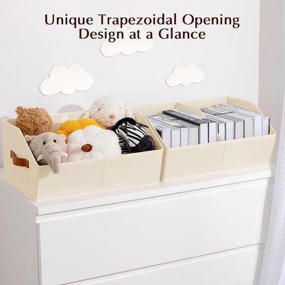 Closet Organizers and Storage Bins - 8 Pack Collapsible Divided Trapezoidal Cube Storage Bins Baskets with Orange Handle for Organizing Clothes Blankets, Toys, Books, Towels(Beige)