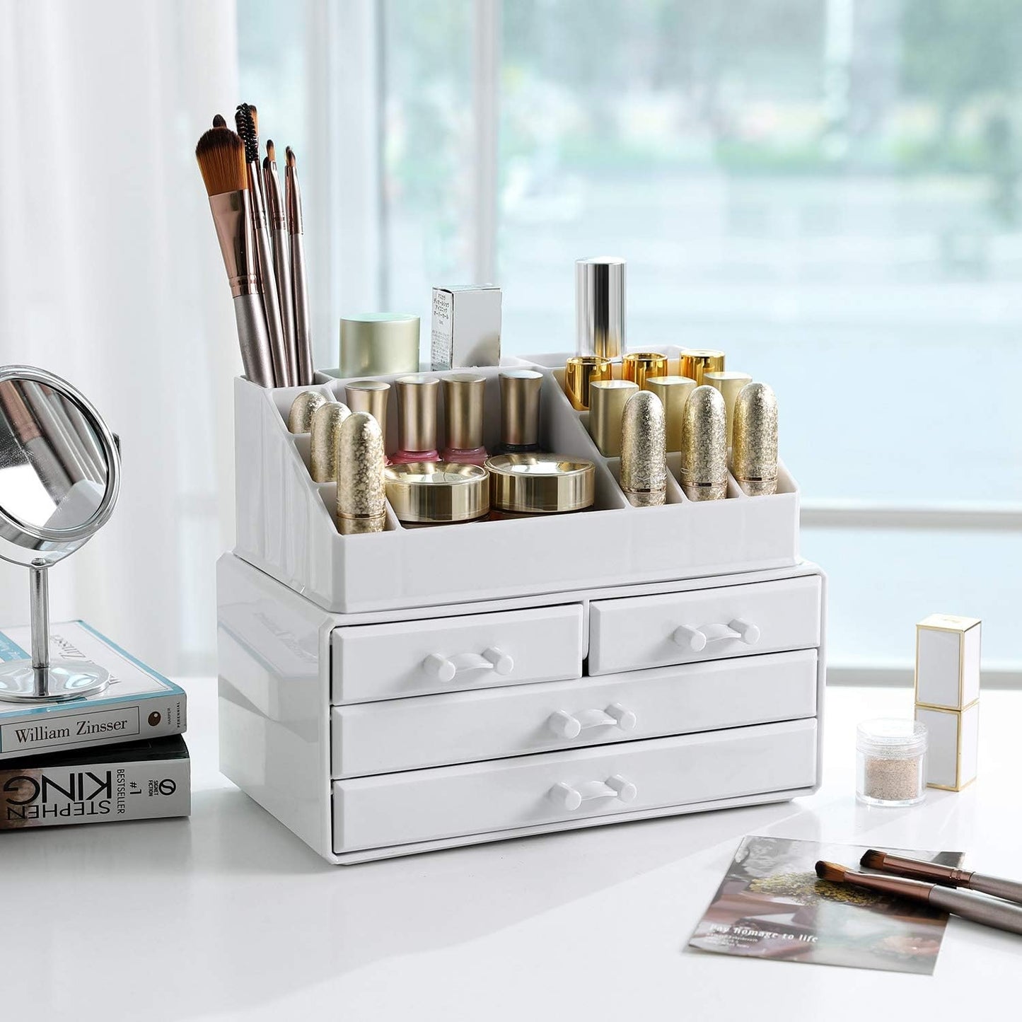 SONGMICS Makeup Organizer, Cosmetic Organizer with 4 Drawers and 16 Compartments of Different Sizes, Non-Slip Mats, for Make Up Accessories and Jewelry, White JKA0010TP