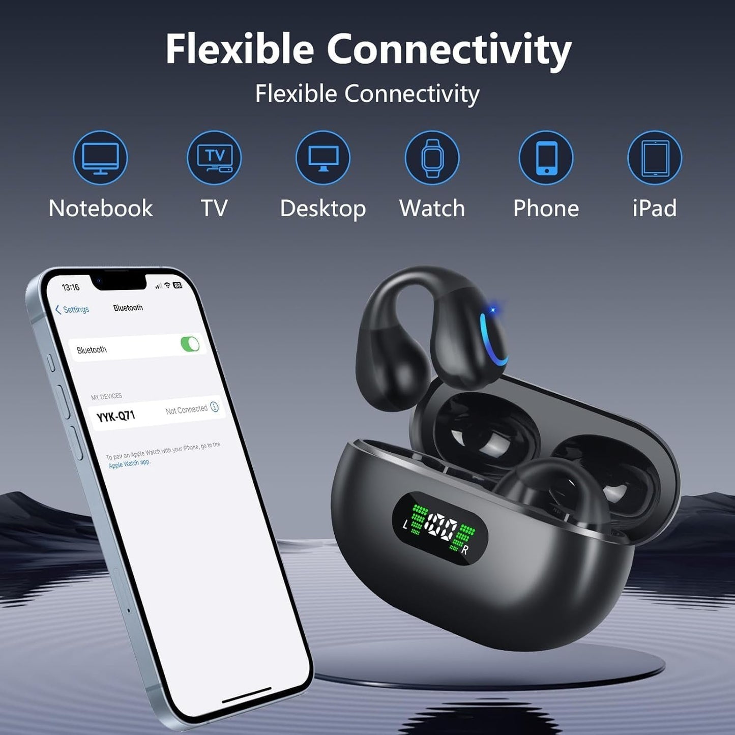 Open Ear Clip On Headphones with Ear Hook Wireless Bone Conduction Earbuds with Digital Display Charging Case Built-in Mic IPX7 Waterproof Bluetooth 5.3 Sport Earphones for Running Fitness