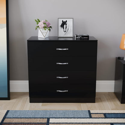 Home Discount Black Chest of Drawers, 4 Drawers with Metal Handles and Runners, Unique System with Guides, Riano Bedroom Furniture