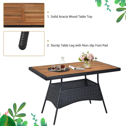 DORTALA 5-Piece Patio Dining Set, Rattan Furniture Set with Acacia Wood Tabletop Table, Chairs, Cushions, Outdoor Wicker Chair & Table Set for Backyard Porch Poolside