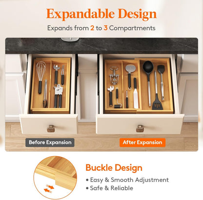 Lifewit Utensil Drawer Organizer, Expendable Cooking Silverware Tray for Kitchen Drawer, Bamboo Adjustable Cutlery Flatware Holder, Spatula Tools and Gadgets Storage Divider, 3 Compartments, Natural