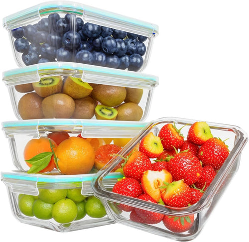 Feshory 5 Pack 1040ml(35oz) Airtight Glass Food Storage Containers with Plastic Lids - Glass Meal Prep Food Containers, Lunch Box for Kitchen Storage & Organisation