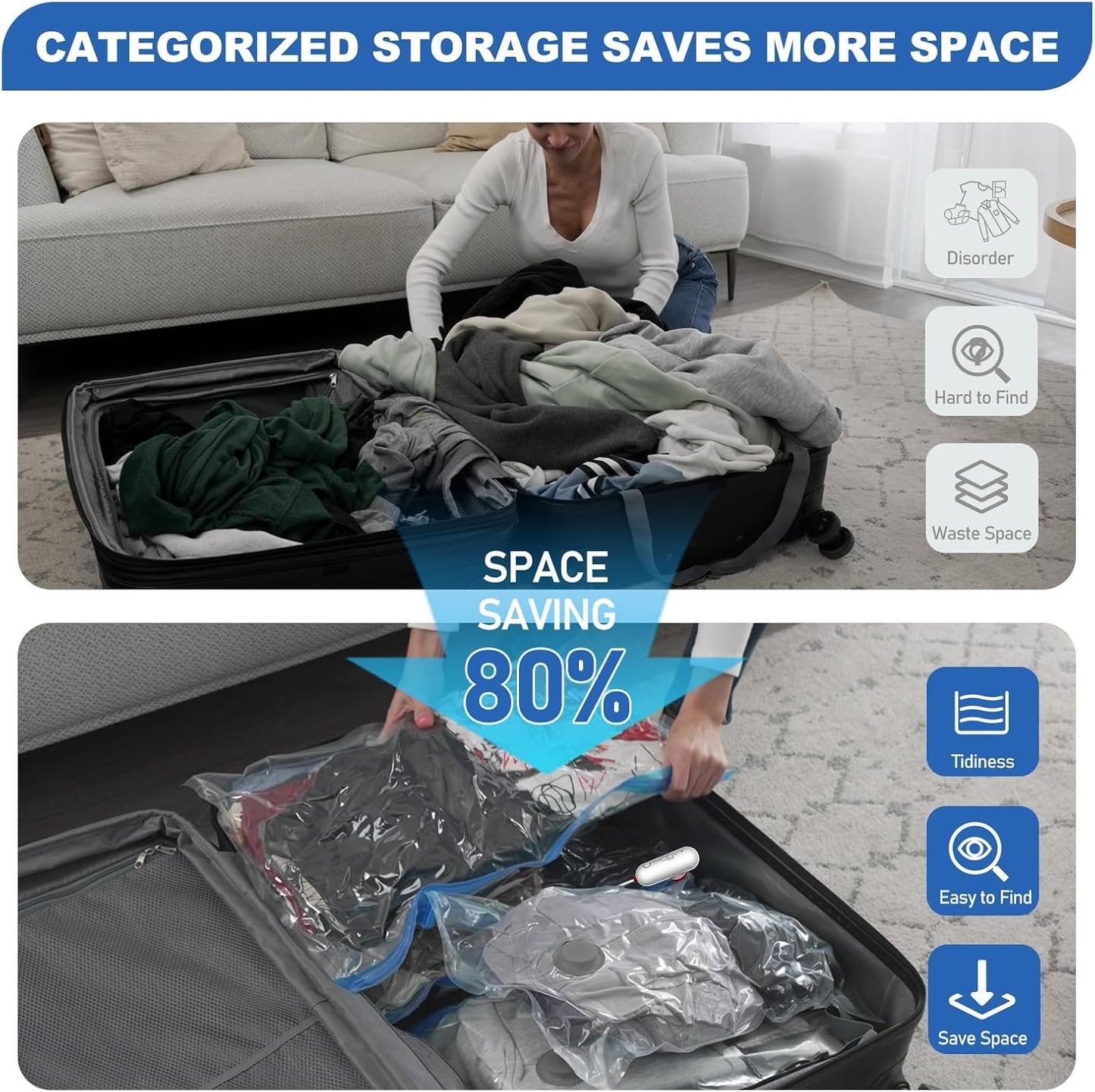 Vacuum Bags Clothes with USB Pump, Pack of 12 Vacuum Bags for Clothing (4 x 40 x 40 cm, 4 x 40 x 50 cm, 4 x 40 x 60 cm), Reusable Vacuum Bags for Travel - Space Saving Travel Essentials