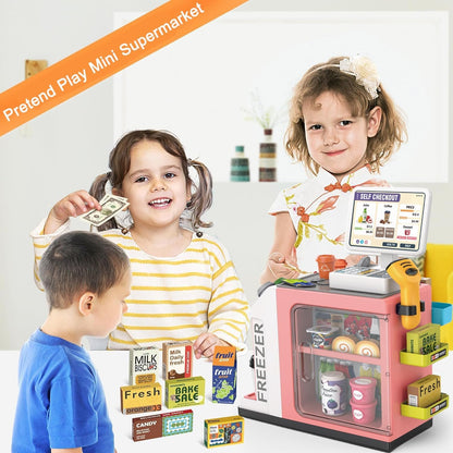 Cash Register Playset for Kids-46PCS with Scanner, Play Food and Money, Mini Supermarket Grocery Play Store Pretend Cashier, Coffee Machine, Pretend Play Toy Gift for Toddlers Boys Girls Ages 3 4 5 6