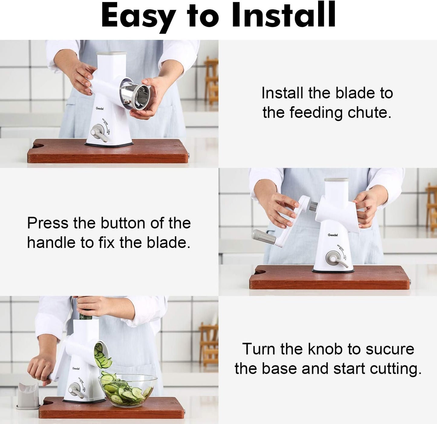 Geedel Kitchen Cheese Grater, Rotary Mandoline Vegetable Slicer with Interchangeable Blades, Easy to Use Rotary Grater Slicer for Fruit, Vegetables, Nuts