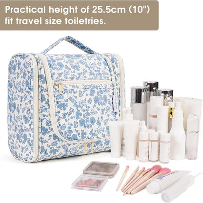 Narwey Hanging Toiletry Bag for Women Travel Makeup Bag Organizer Toiletries Bag for Cosmetics Essentials Accessories (Large, Little Blue Flower)