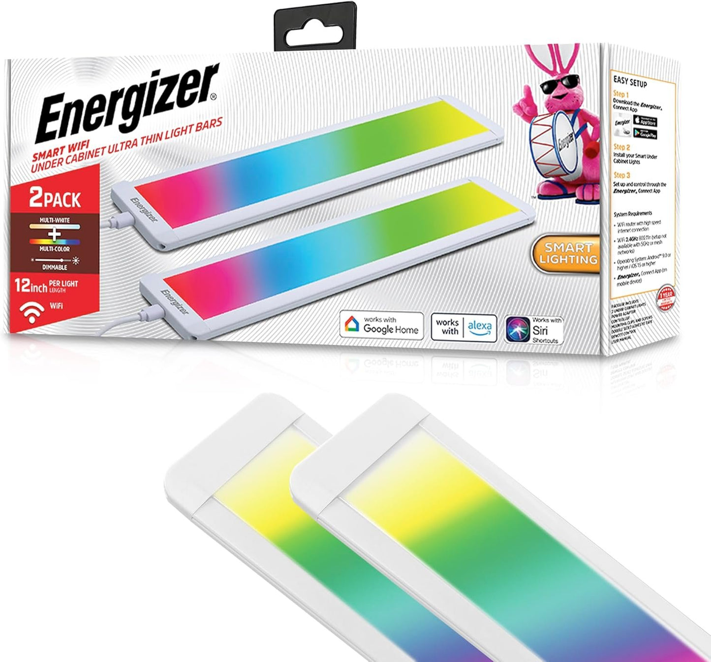 Energizer Smart Under Cabinet Light Bar 2 Pack, Ultra-Thin 0.3”x12”x2.7”, RGB + Multi-White, Remote Control, Button, App, Voice Control with Alexa Siri Google, Motion Control, Dimmable, Scheduling