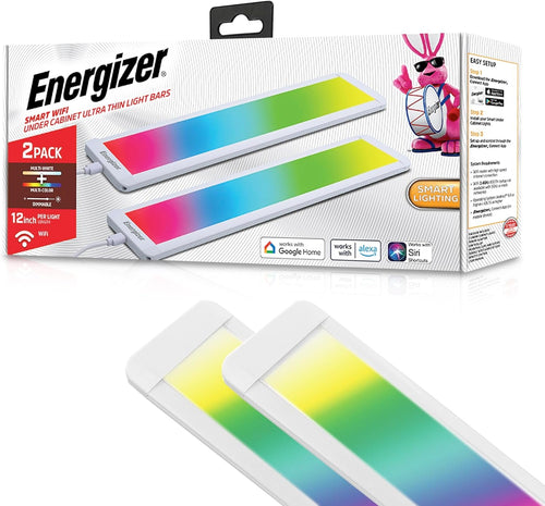 Energizer Smart Under Cabinet Light Bar 2 Pack, Ultra-Thin 0.3”x12”x2.7”, RGB + Multi-White, Remote Control, Button, App, Voice Control with Alexa Siri Google, Motion Control, Dimmable, Scheduling