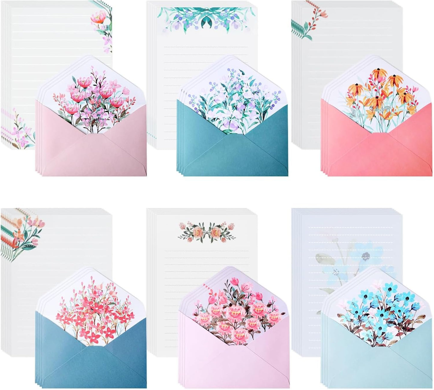 SKTMH 72 Pcs Stationery Paper and Envelopes Set: 48 Flower Writing Paper with 24 Envelopes - A5 Lined Letter Paper - Floral Stationery Paper for Wedding Invitations
