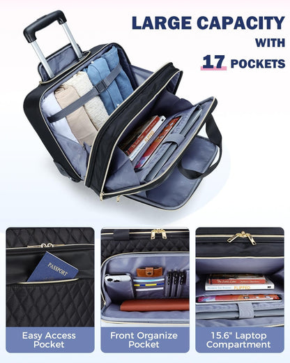 Ponhog Rolling Laptop Bag - Rolling Briefcase for Women 17.3 Inch Laptop Bag with Wheels Flight Approved Roller Bag Carry On Luggage for Work Travel College Computer Business Lightweight Black, Black,