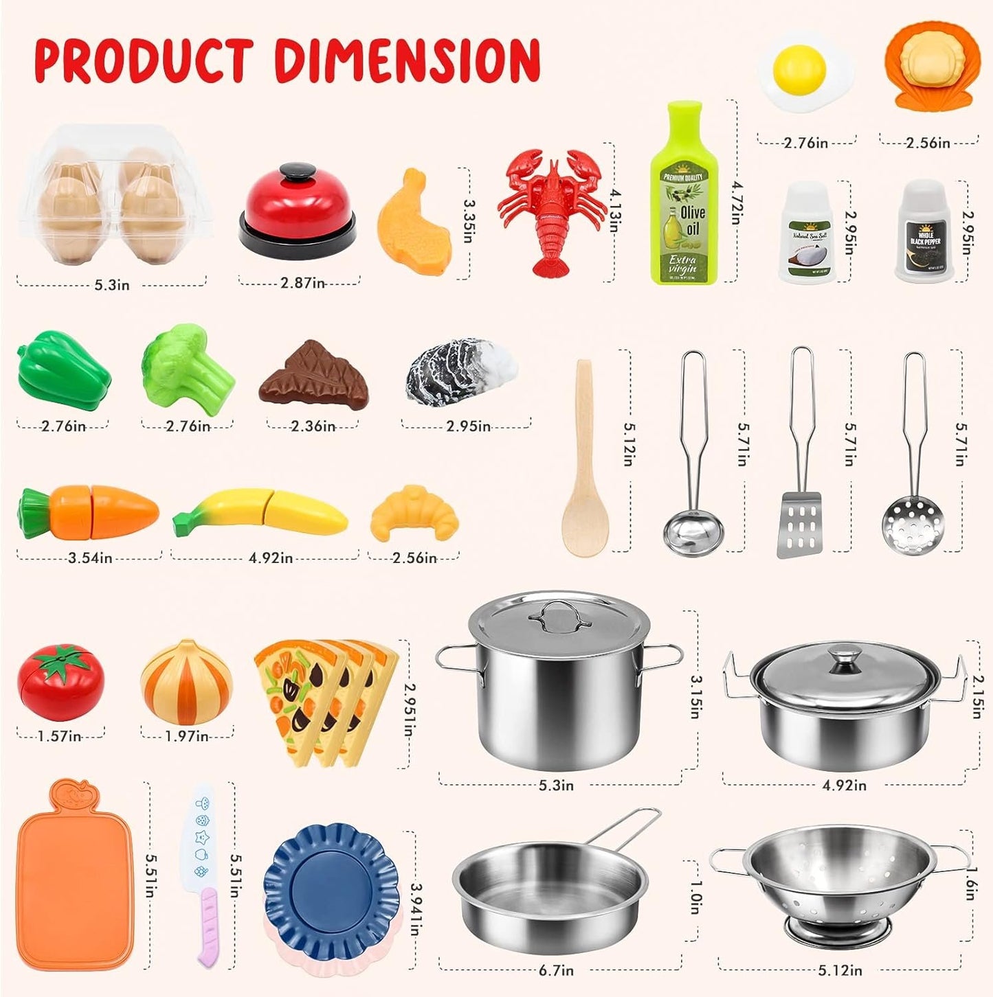 37Items 59Pcs Kids Pretend Play Kitchen Accessories Set, Stainless Steel Play Pots and Pans Sets for Kids, Cooking Utensils, Play Food Pizza Knife Kitchen Playset Toys Gift for Boys Girls Toddlers