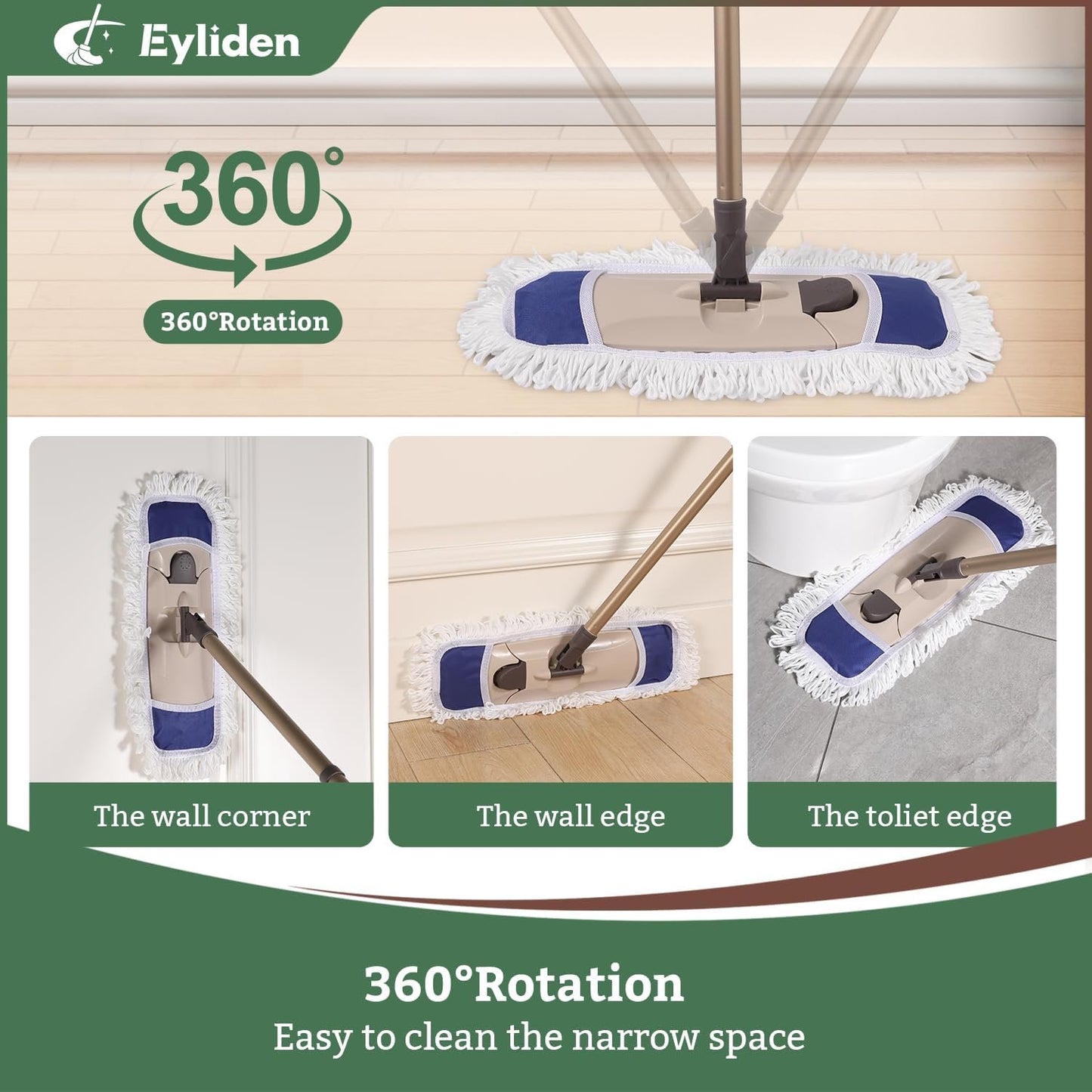Eyliden Dust Mop with Reusable Washable Pads - One Touch Replacement, Height Adjustable Handle, Total 2 Mop Cloths, Wet Dry Mops for Floor Cleaning, Hardwood, Laminate, Tile Floor Push Dust Broom