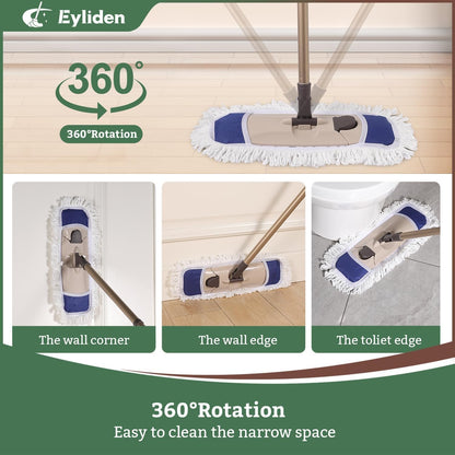 Eyliden Dust Mop with Reusable Washable Pads - One Touch Replacement, Height Adjustable Handle, Total 2 Mop Cloths, Wet Dry Mops for Floor Cleaning, Hardwood, Laminate, Tile Floor Push Dust Broom