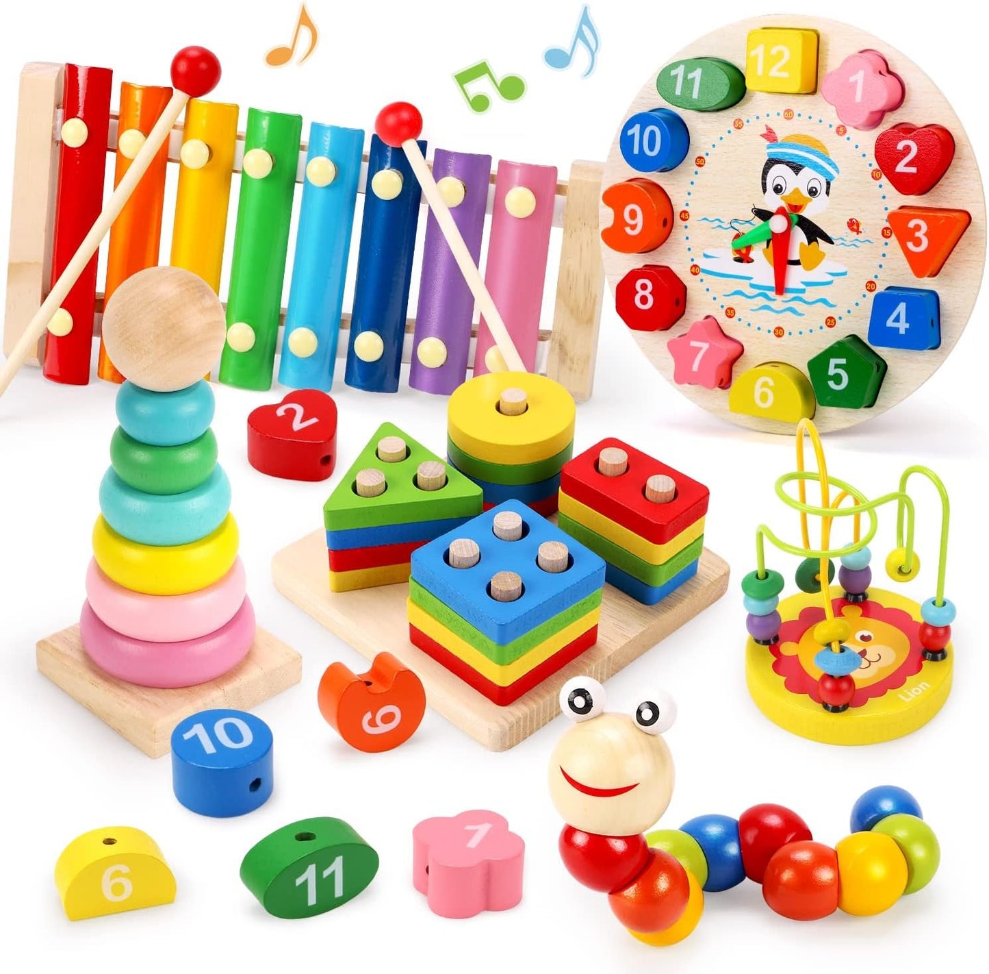 Qizebaby Toddlers Montessori Wooden Toys for Boys Girls Age 2 3 4 Year Old,Baby Toy Learning Musical Setsï¼ŒShape Sorting Toys Gifts for Kids 2-4, Wooden Preschool Learning Fine Motor Skills Game