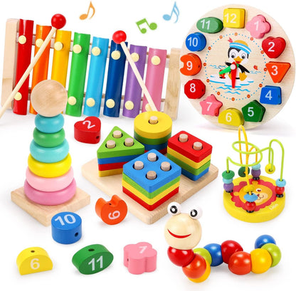 Qizebaby Toddlers Montessori Wooden Toys for Boys Girls Age 2 3 4 Year Old,Baby Toy Learning Musical Setsï¼ŒShape Sorting Toys Gifts for Kids 2-4, Wooden Preschool Learning Fine Motor Skills Game