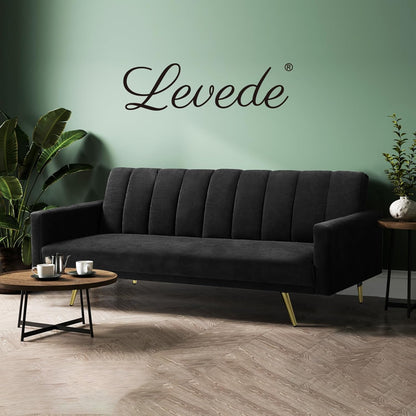 LEVEDE 3 Seater Sofa Bed Convertible, Velvet Loveseat Sofa Couch, Recliner Sofa Lounge with 3 Adjustable Backrest Positions, Spare Bed for Guest, Load Up to 220kg (197cm, Black)