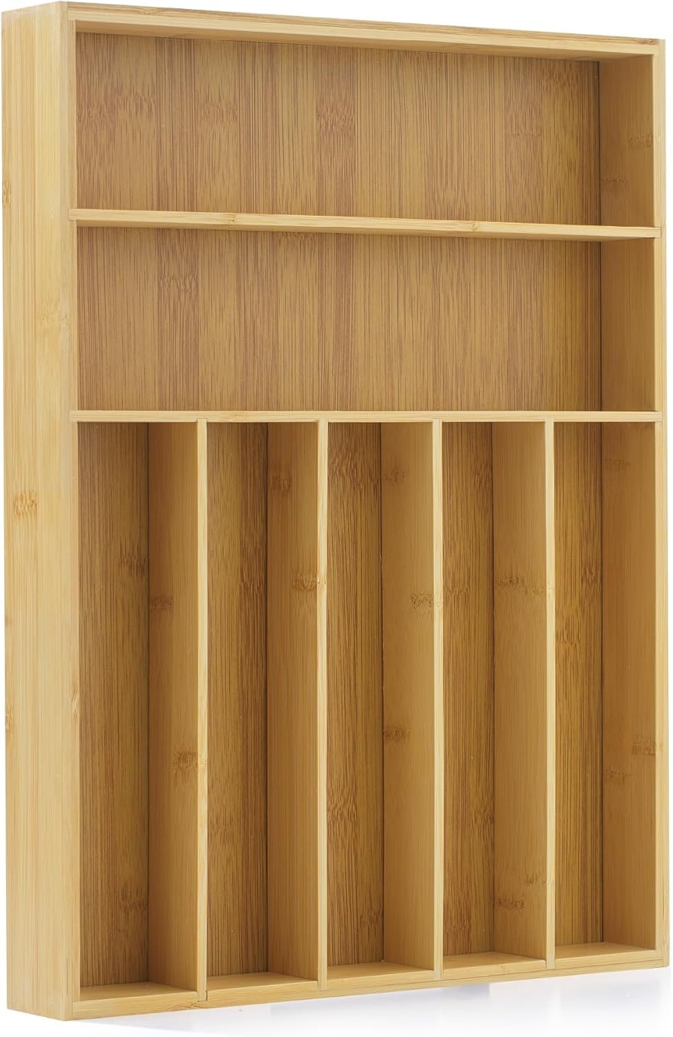 JoyJolt Bamboo 7-Compartment Silverware Organizer, Cutlery & Utensil Drawer Organizer, Ideal for Kitchen, Bathroom & Garage, Rustic Modern Style, Silver