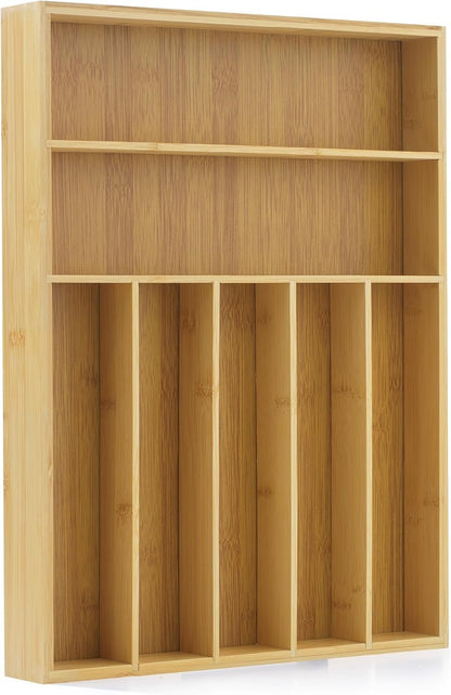 JoyJolt Bamboo 7-Compartment Silverware Organizer, Cutlery & Utensil Drawer Organizer, Ideal for Kitchen, Bathroom & Garage, Rustic Modern Style, Silver
