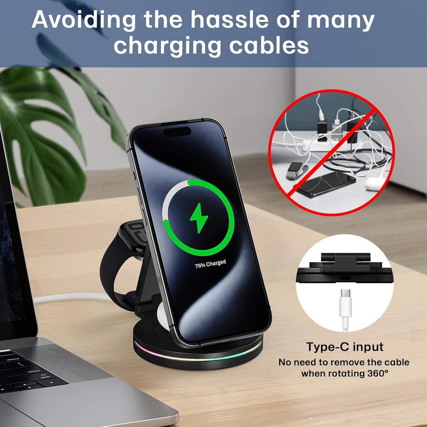3 in 1 Wireless Charger Station for iPhone & Apple Watch & AirPods, 360 Rotating 10W Fast Charging Station Compatible with iPhone 12-16 Series Zinc Alloy Foldable Charger Stand with Magnetic