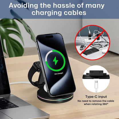 3 in 1 Wireless Charger Station for iPhone & Apple Watch & AirPods, 360 Rotating 10W Fast Charging Station Compatible with iPhone 12-16 Series Zinc Alloy Foldable Charger Stand with Magnetic