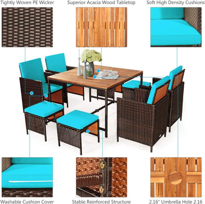 Tangkula 9 Pieces Acacia Wood Patio Dining Set, Space Saving Wicker Chairs and Wood Table with Umbrella Hole Outdoor Furniture Set, Suitable for Garden, Yard, Poolside, Outdoor Seating Set