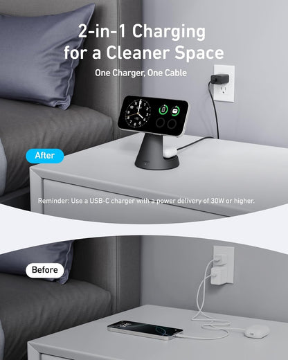 Anker MagSafe Compatible 2-in-1 Charging Stand, iPhone 16 Wireless Charger, Qi2 Certified 15W Ultra-Fast, Adjustable and Super Strong, for iPhone 16/15/14/13/12 Series, AirPods (Charger Not Included)