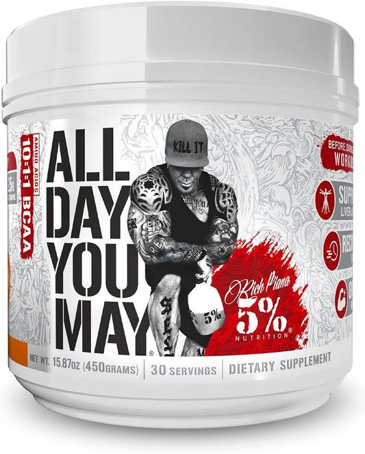 Rich Piana 5% Nutrition AllDayYouMay BCAA Powder, 9g Amino Acids | Elite Intra & Post Workout for Muscle Recovery, Hydration, Endurance, Joint & Liver Support (Push Pop)