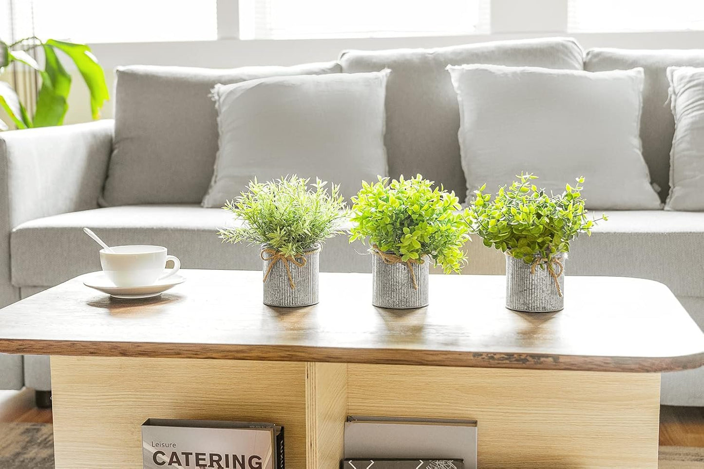 Mkono Mini Fake Plants in Farmhouse Galvanized Metal Pots Table Centerpiece Rustic Home Decor, 3 Pack Potted Artificial Plants Faux Eucalyptus for Shelf Indoor Dining Room Office