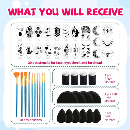 Face Paint Stencils Kit,22 Pcs Reusable Facial Painting Stencils Reusable Body Paint Templates with 10 pcs Brushes,14 pcs Sponges for Party Halloween Makeup Depvision Face Paint Accessory Kit