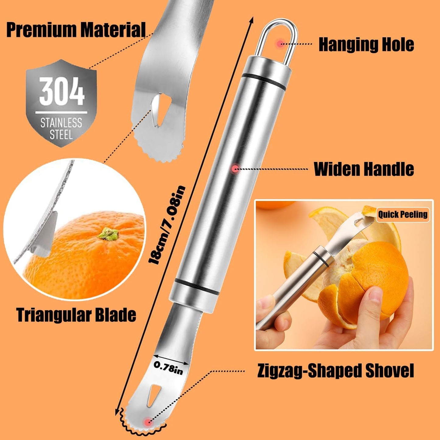 GZMAISULEE Stainless Steel Orange Peeler Easy and Quick Peeling Long Handle Orange Citrus Peeler Tool Triangle Shovel and Serrated Shovel Orange Peeler Creative Kitchen Gadgets
