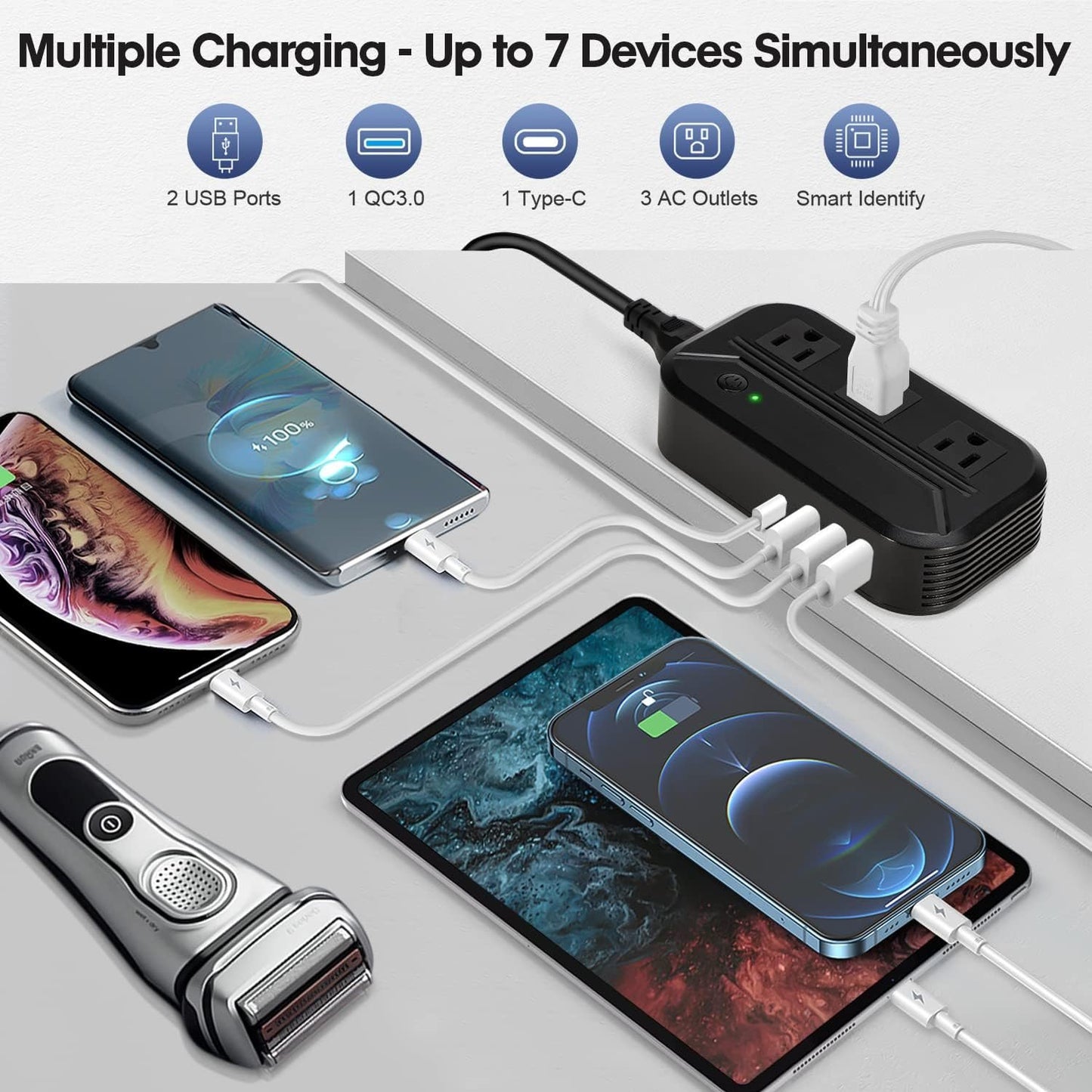 Power Converter 2300W International Step Down Voltage 220V/240V to 110V/120V w/ 4 USB 3 AC Outlets 7 Travel Plug Adapter EU/US/AU/IT/UK/IN/S. Africa for Phone Tablet Camera Laptop and More Electronics