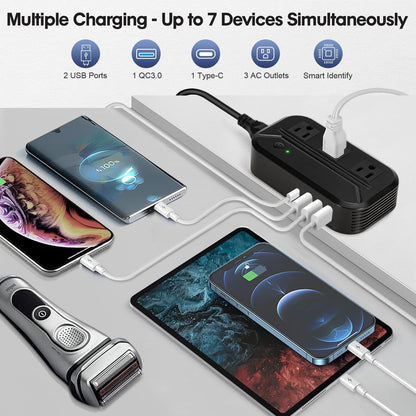 Power Converter 2300W International Step Down Voltage 220V/240V to 110V/120V w/ 4 USB 3 AC Outlets 7 Travel Plug Adapter EU/US/AU/IT/UK/IN/S. Africa for Phone Tablet Camera Laptop and More Electronics