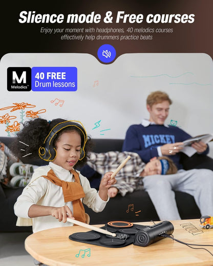 Donner Electronic Battery, 7 Pad Electric Roll-Up Battery, Silent Battery Built-in Speaker for Children/Beginners, 40 Drum Lessons Included (DED-20)