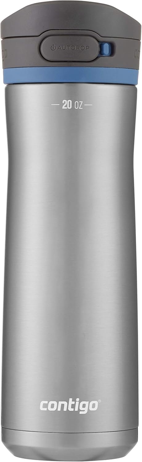 Contigo Jackson Chill Autopop Water Bottle 591ml - Double-Walled Vacuum Insulated, One-Handed AUTOPOPÂ® Leak-Proof Lid with Protective Cover, Wide Mouthpiece, Secure Button Lock - Stainless Steel