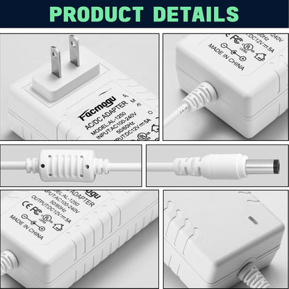 Facmogu 60W 12V 5A Power Adapter, AC 100-240V to DC 12V 5000mA Wall Adapter, 12 Volt Power Supply Module 5 Amp, 60W Switching Transformer AC to DC Converter, Compatible Both 5.5x2.5mm & 5.5x2.1mm Plug