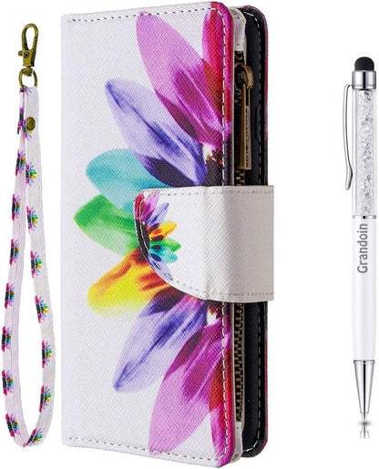 Grandoin Case for Xiaomi Redmi Note 9 PRO/Note 9S, Creative Colourful Retro Zipper Flip Case Leather Wallet Magnetic Stand Cover Protective Case (Sunflower)